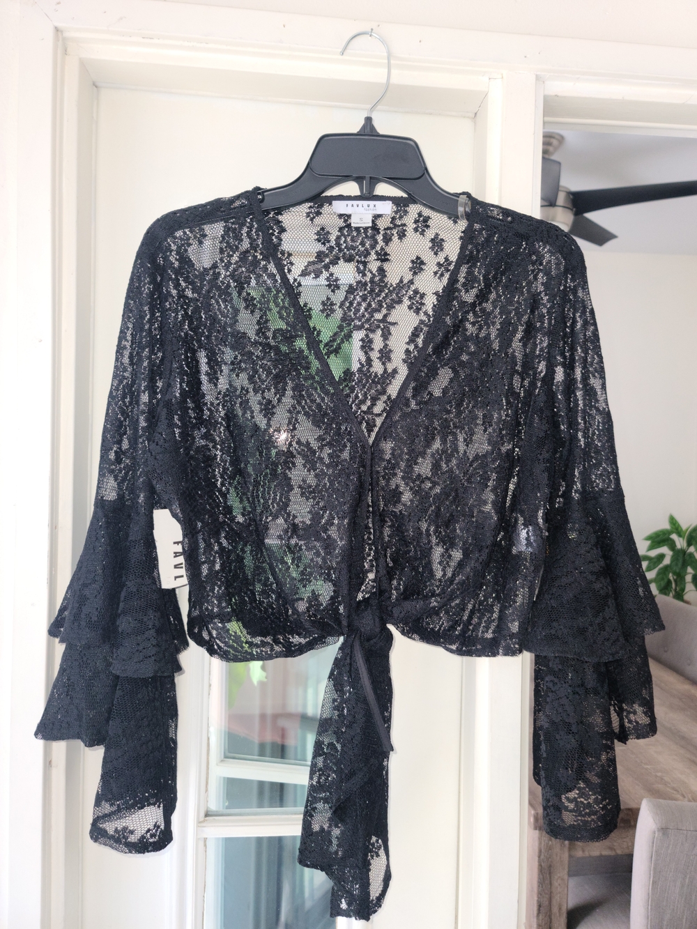 FAVLUX Black Lace Tie-Front Sheer Top